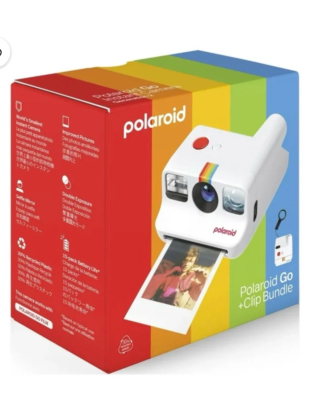NEW, Never Used. Polaroid Go Instant Camera in White with Rainbow Accent